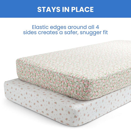Delta Children Fitted Crib Sheets for Girls and Boys - Crib Sheet for Standard Crib and Toddler Mattresses - 28x52 Inch (Pack of 2), Pink Floral