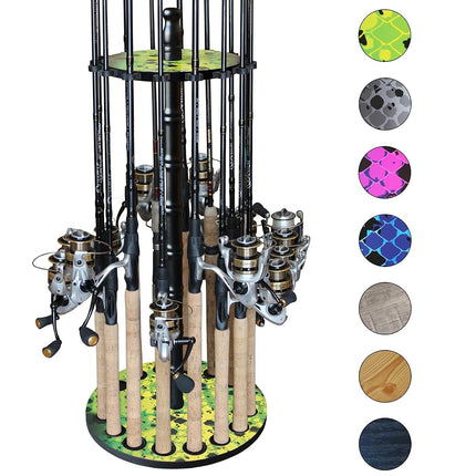 Rush Creek Creations | 16-Rod Round Fishing Rod Holder, Black Wooden Fishing Rod Rack with 16 Clips for Garage Organization