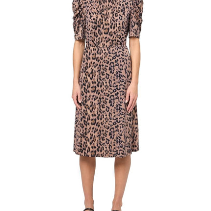 Adrianna Papell Women's Ruffle Neck Short Sleeve Dress Casual, Realistic Cheetah, S