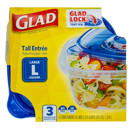 Glad GladWare Tall Entrée Food Storage Containers | Large Square Containers for Food | Strong and Sturdy Large Meal Storage Holders, 42 Ounce - 3 Count