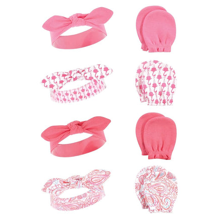 Ensemble bandeau et moufles anti-éraflures en coton pour bébés filles Hudson Baby, Flamant rose, 0-6 mois