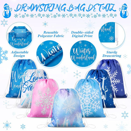 Frozen Party Favors Bags for Winter Snowflake Drawstring Goodies Bags Winter Wonderland Gift Candy Bag for Boys Girls Storage Winter Themed Baby Shower Snowflake Party Supplies (28 Pack)