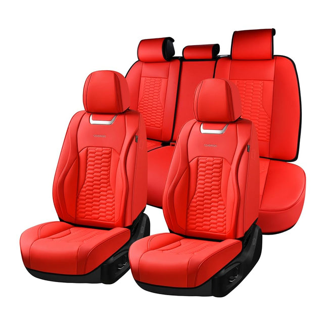 Coverado Car Seat Covers Full Set, Nappa Leather Red Car Seat Covers, Waterproof Automotive Seat Covers for Cars Interior Accessories Universal Fit Most Sedans, SUVs, Pick-up Trucks