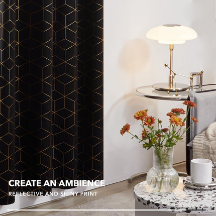 Deconovo Black Blackout Curtains 2 Panels with Gold Diamond Foil Print, Room Darkening Thermal Insulated Sun Blocking Grommet Curtain Panels for Living Room, 52W x 95L Inch
