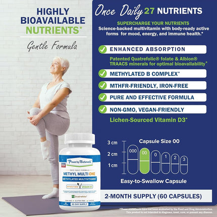 Power By Naturals Methyl Multi One – Iron-Free Methylated Multivitamin with 5-MTHF, Methyl B12 & CoQ10 – Methylation Support for Men & Women – Vegan, Non-GMO – 60 Capsules (2-Month Supply)