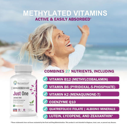 NatureGenX - Just One Ultra Daily MTFHR Support Methylated Multivitamin with ADK, CoQ10, Active Vitamin B12 (Methylcobalamin), Quatrefolic L5-MTHF for Woman and Men, Dr Formulated, 60 Capsules
