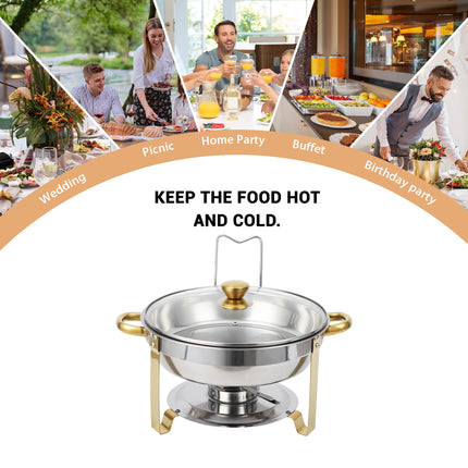 Chafing Dishes for Buffet Set of 2, 5QT Stainless Steel Buffet Serves and Warmers, Round Catering Food Warmers with Glass Lid & Lid Holder for Parties Gatherings Events Wedding Banquet, Gold