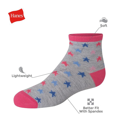 Hanes Calcetines Tobilleros de Moda para Niñas, Calcetines Suaves Estampados, Paquete de 12, Gris/Azul/Rosa/Lavanda, Grande