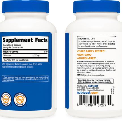 Nutricost D-Manosa 500 mg, 120 cápsulas – 1000 mg por porción, sin OMG y sin gluten