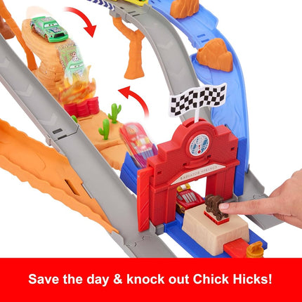 Mattel Disney and Pixar Cars Toy Playset, Lightning McQueen & Chicks Hicks & 2 Pitty Crew Vehicles, 2 Ways to Race, Race & Rescue Rescue Road Raceway, JFL57