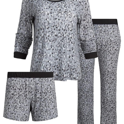 Pijama de mujer Lucky Brand para mujer - Set de pijama de 3 piezas: camiseta de dormir de manga larga, pantalón de pijama, pantalón corto de salón (S-XL), estampado geométrico de serpiente de diamante, L