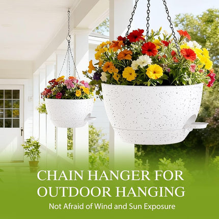 SQKH 12 Inch Hanging Baskets 2 PC with Chains, Self-Watering Hanging Planters for Indoor Outdoor Plants, Plastic Hanging Flower Pots,Speckled White