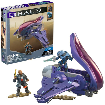 Set de juguetes de construcción de vehículos MEGA Halo The Series, nave aérea Renegade Banshee con 205 piezas, 2 microfiguras de acción, morado, para niños y fans, HNC56
