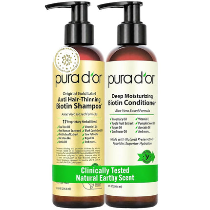 PURA D'OR Anti-Thinning Biotin Shampoo & Conditioner (8oz x 2) Original Gold Label Set, Clinically Tested Effective Solution with Herbal DHT Blockers, All Hair Types, Men & Women (Packaging may vary)