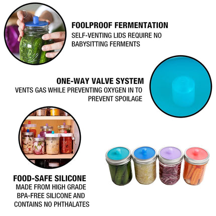 Masontops Pickle Pipe - One-Piece Silicone Waterless Fermentation Airlock Lids for Mason Jar Fermentation - Wide Mouth - 4 Pack