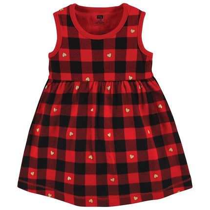 Hudson Baby Baby Girls' Cotton Dress and Cardigan Set, Gold Heart Buffalo Plaid, 5T