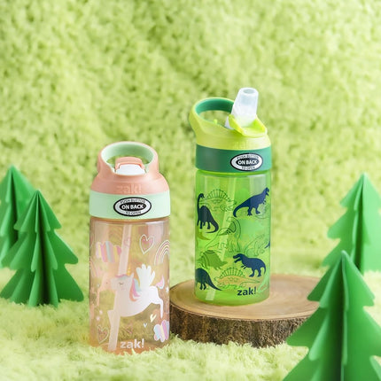 Zak Designs Kids Water Bottle with Spout Cover and Built-in Carrying Loop, Made of Durable Plastic, Leak-Proof Water Bottle Design for Travel (16 oz, Unicorn & Dino Camo, Pack of 2)