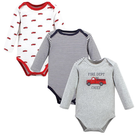 Hudson Baby unisex-baby Cotton Long-sleeve Bodysuits, Gray Fire Truck, 9-12 Months
