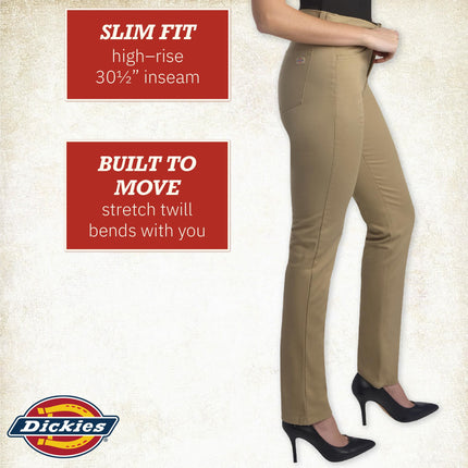 Dickies Women's High Rise Skinny Twill Pants, Rinsed Desert Sand, 27