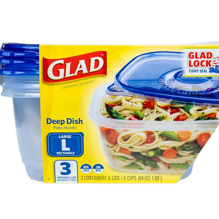 Glad GladWare Deep Dish Food Storage Containers Lock Tight Seal, BPA Free Large Rectangle Plastic Containers Hold Up to 64 Ounces of Food, 3 Count Set | Includes 3 Containers and Lids