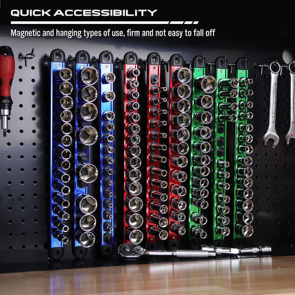 Magnetic Socket Holder Organizer Set: 9-Piece Detachable 1/4, 3/8, 1/2 Socket Trays Socket Organizer for Tool Box Drawer Holds 120-Piece Standard Size Sockets for Automotive Garage(Blue Red Green)