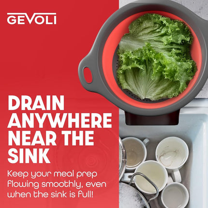 Gevoli Collapsible Colander Food Strainer with Over-Sink Self Draining Base for Pasta Fruits and Vegetables, Round Foldable Draining Basket Grey/Red