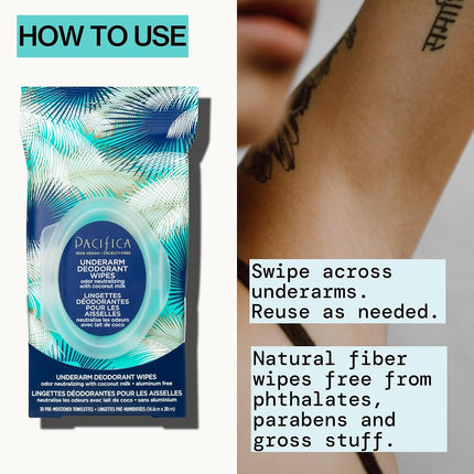 Lingettes déodorantes pour les aisselles Pacifica Beauty, lait de coco et huiles essentielles, 120 unités