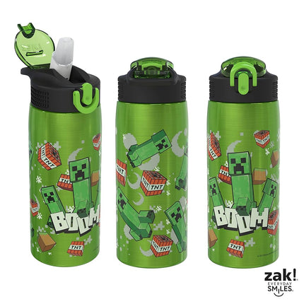 Zak Designs Minecraft Water Bottle for Travel and at Home, 19 oz Vacuum Insulated Stainless Steel with Locking Spout Cover, Built-in Carrying Loop, Leak-Proof Design (Creeper)