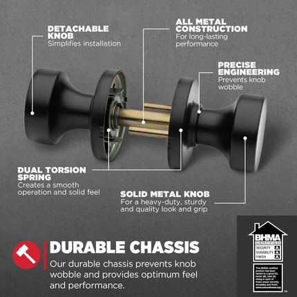Kwikset Pismo Interior Passage Door Knob, Handle for Closet and Hallway Doors, Non-Locking Doorknob in Matte Black, with Microban Protection