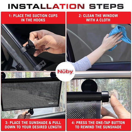 Nuby 14" Roller Vehicle Side Window Sun Protection Shade for Baby | 2 Pack | Pull Down with Suction Cups and Press Button Roll Up | Black