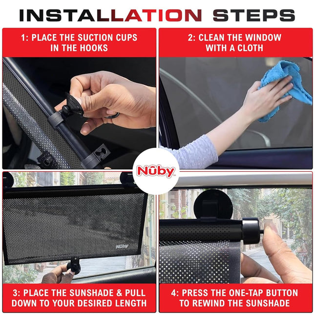 Nuby 14" Roller Vehicle Side Window Sun Protection Shade for Baby | 2 Pack | Pull Down with Suction Cups and Press Button Roll Up | Black
