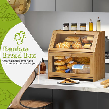BMOSU Bread Box With Cutting Board - Kitchen Storage Organizer, Farmhouse Countertop Double Bamboo Wood Box (Natural)