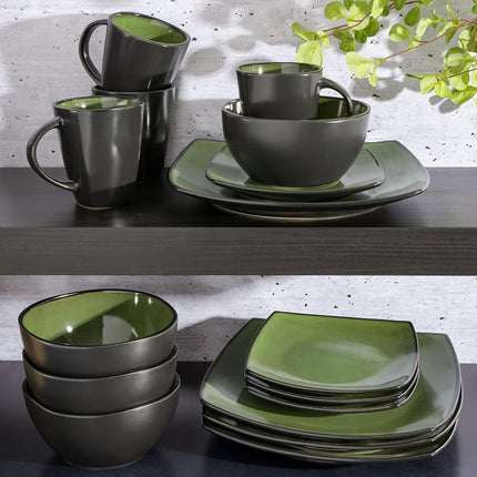 Gibson Soho Lounge Square Reactive Glaze Stoneware Dinnerware Set, Service for 4 (16pc), Green