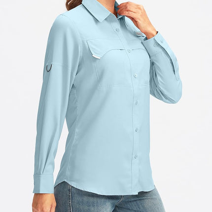 Women's UPF 50+ Sun Protection Shirts Long Sleeve for Fishing Hiking Safari, Gulf Stream, 3X-Large