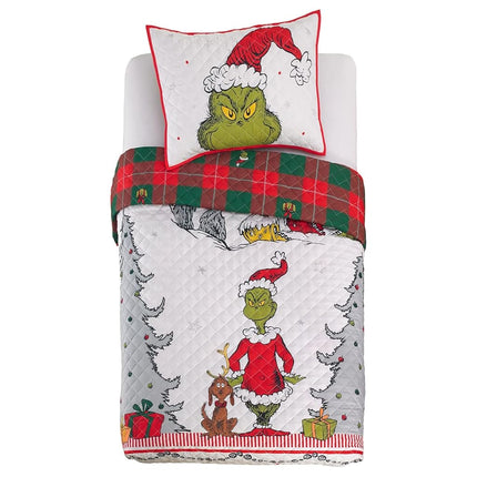 Franco Grinch by Dr. Seuss Holiday & Christmas Quilt Bedding Super Soft 2 Piece Pillow Sham and Quilt Set, Twin Size 68" x 86", (100% Officially Licensed Product)