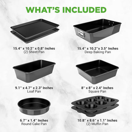 NutriChef 8-Piece Nonstick Stackable Bakeware Set - PFOA, PFOS, PTFE Free Baking Tray Set w/Non-Stick Coating, 450°F Oven Safe, Round Cake, Loaf, Muffin, Wide/Square Pans, Cookie Sheet (Black)