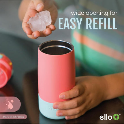 Ello Kids Colby 12oz Stainless Steel Insulated Water Bottle with Straw and Built-In Silicone Coaster Carrying Handle and Leak-Proof Locking Lid for School Backpack, Lunchbox, and Outdoor Sports, Lilac