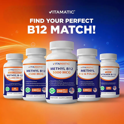 Vitamatic Vitamin B12 5000 mcg per Serving Fast Dissolve 365 Tablets - Berry Flavor - Supports Energy Metabolism