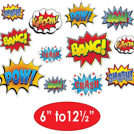 Beistle 24 Paper Theme Cut Outs 59902, 12 Piece Hero Action Sign Cutouts, 6" to 12.5", Multicolor