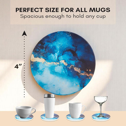 Absorbent Coaster Set of 6 with Holder, Drink Coasters for Coffee Table, Kitchen, Home Decor, Cute Ceramic Round Coasters, Alternative to Silicone, Cork or Glass Coaster (Sapphire)