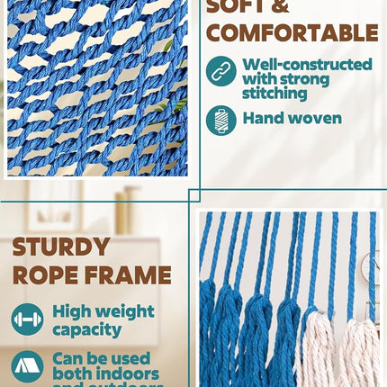 Chihee Handwoven Cotton Hammock Chair Large Hanging Rope Chair 7.9ft with Detachable Strong Metal Spreader Bar, Breathable Net Swing Seat Color Blocking, Portable with Carry Bag, Indoor Outdoor Use