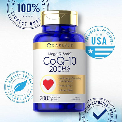 CoQ10 200mg | 200 Capsules | Mega Q-Sorb Coenzyme Q-10 | Vegetarian, Non-GMO, Gluten Free | by Carlyle
