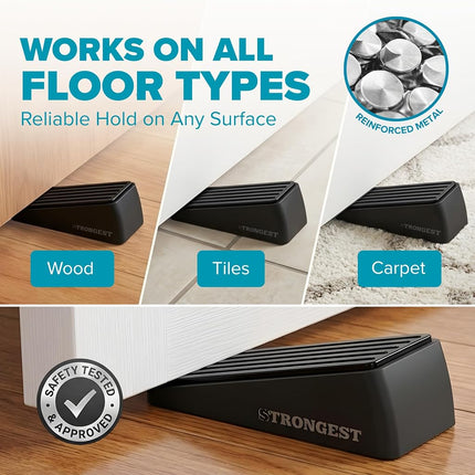 Strongest Door Stopper, Heavy Duty Door Stop Wedge Made of Premium Quality Zinc and Rubber Suits Any Door,Any Floor. Set of 2 Plus Bonus Self Adhesive Wall Protectors (Black, 2 Pack)
