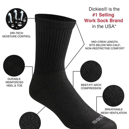 Dickies Men's Dri-tech Moisture Control Mid-Crew Comfort Length Socks, Available in M-XL (6, 12 Pairs), Comfort Length Black Solid (12 Pairs), Large