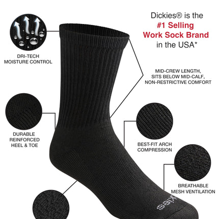 Dickies Men's Dri-tech Moisture Control Mid-Crew Comfort Length Socks, Available in M-XL (6, 12 Pairs), Comfort Length Black Solid (12 Pairs), Large