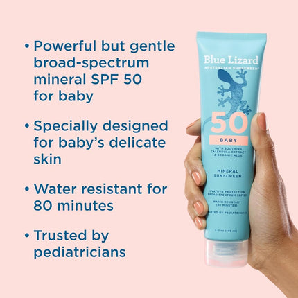 BLUE LIZARD Baby Mineral Sunscreen – No Chemical Actives – SPF 50+ UVA/UVB Protection, 5 Ounce Tube