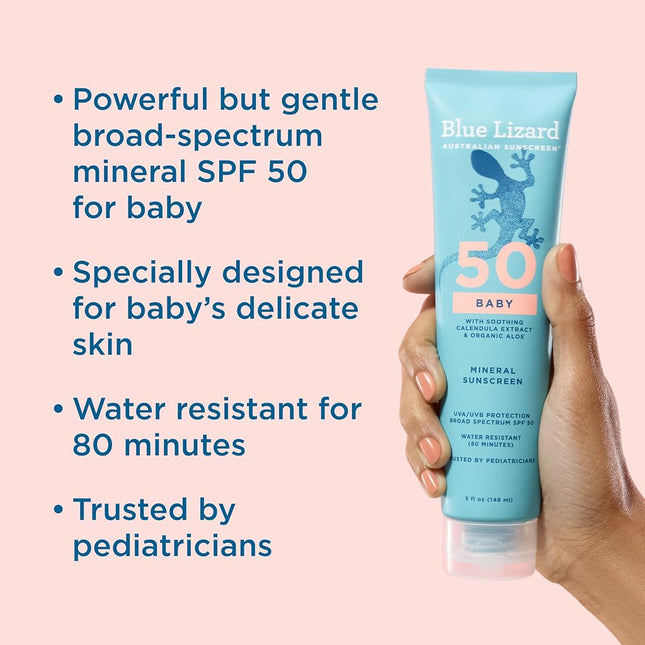 BLUE LIZARD Baby Mineral Sunscreen – No Chemical Actives – SPF 50+ UVA/UVB Protection, 5 Ounce Tube