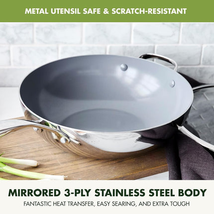 GreenPan Valencia Pro Wok 3-plis en acier inoxydable 30,5 cm avec couvercle, revêtement antiadhésif en céramique sans PFAS, batterie de cuisine multi-couches, induction, passe au lave-vaisselle, passe au four et sous le gril