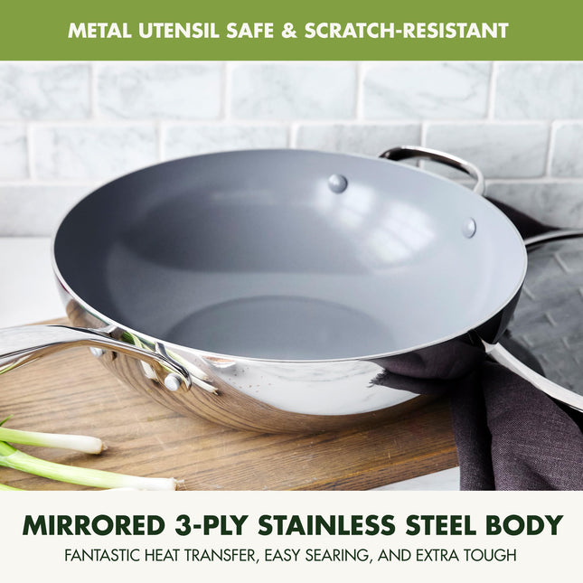 GreenPan Valencia Pro Tri-Ply Stainless Steel 12” Wok with Lid, Ceramic Nonstick PFAS-Free Coating, Multi Clad Cookware, Induction, Dishwasher Safe, Oven and Broiler Safe