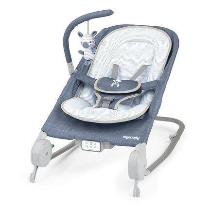 Ingenuity, Happy Belly Rock-to-Bounce Seat, Music, Vibration, Removable Toy Bar, Plush Toy Sloth, 0-6 Months, Blue - Chambray